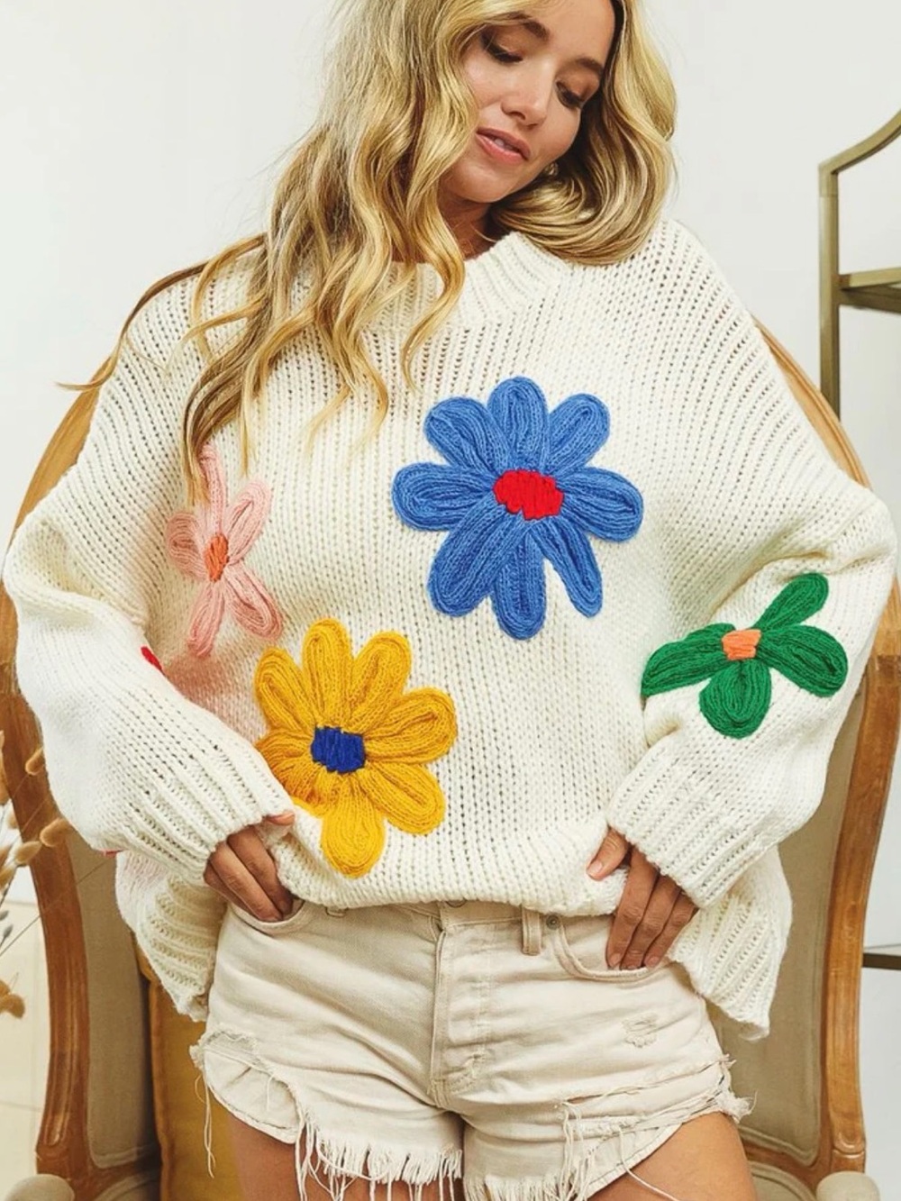 Polagram Flower Cream Sweater Oversized Women’s Size 2XL